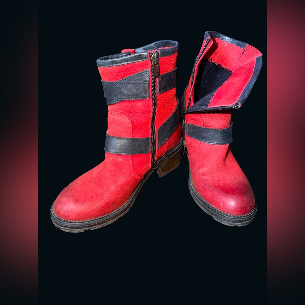 Red Women's Leather Ankle Boots with Black Strap Detail size 37